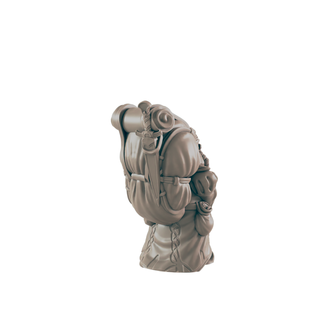 A fantasy miniature figure stands, heavily laden with a large backpack and pouches, presumably hiking into an unknown environment.
