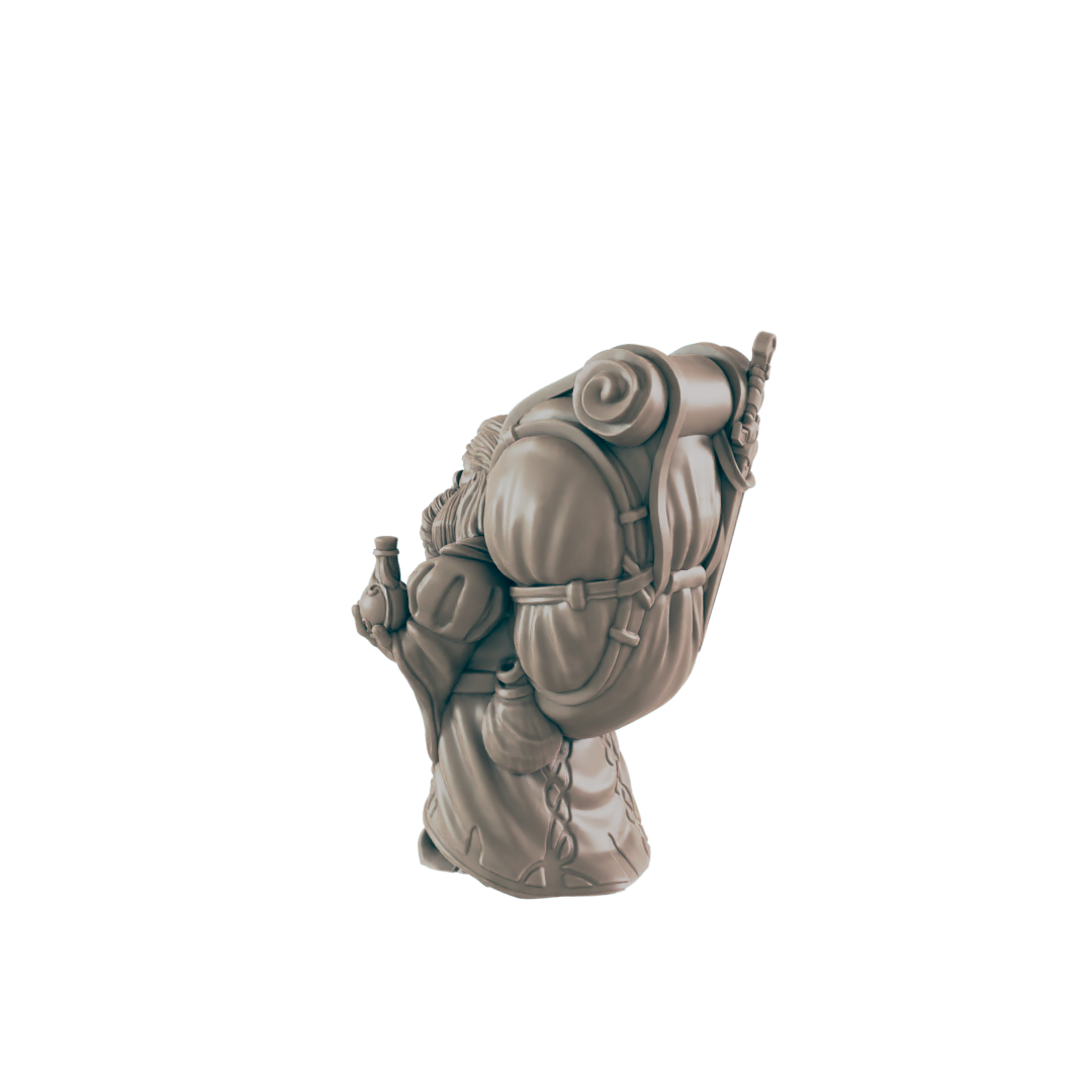 A miniature figurine of a stout figure carries a large backpack, appearing to travel. The figure holds a small object, possibly a flask or bottle.