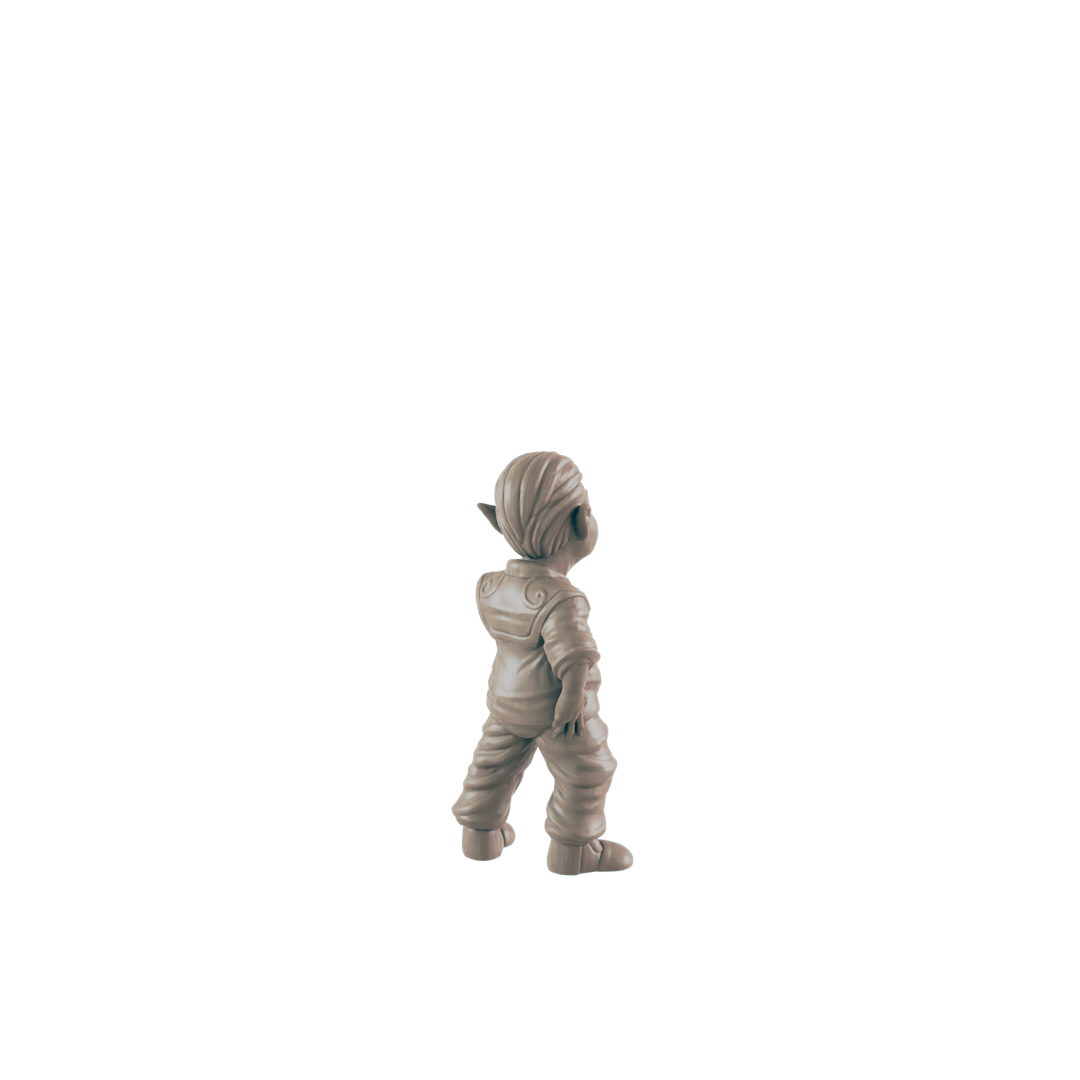 A small figurine, appearing to stand and look upward, is situated against a dark background.