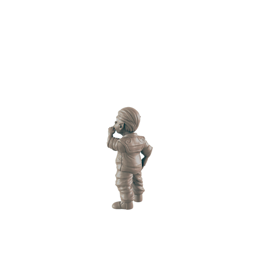A small figurine of a child stands in contemplation, hand to chin, against a black background.