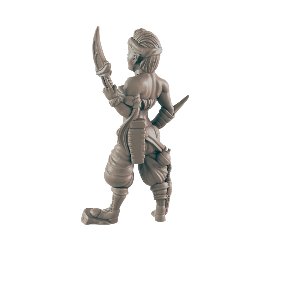 A miniature female figure, wielding a curved blade and a dagger, stands in a dynamic pose against a black background.