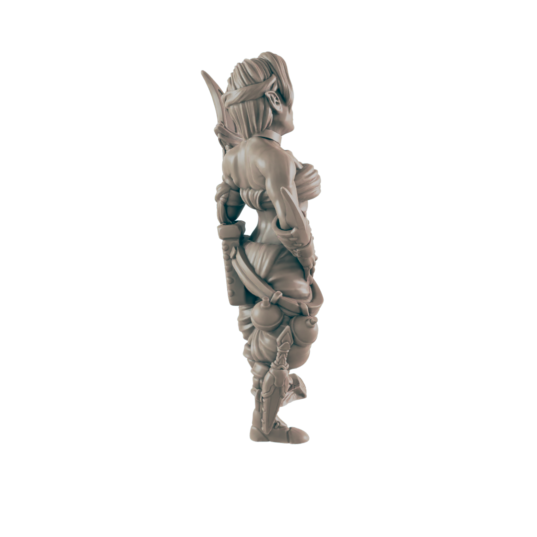 A female figurine stands, facing right, against a dark background. She wears armor and carries a weapon.