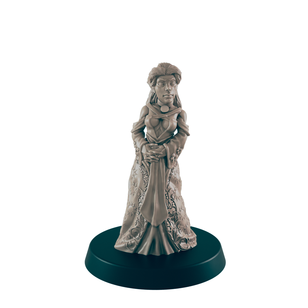 A sculpted female figure, standing in an ornate gown, is presented on a dark circular base.