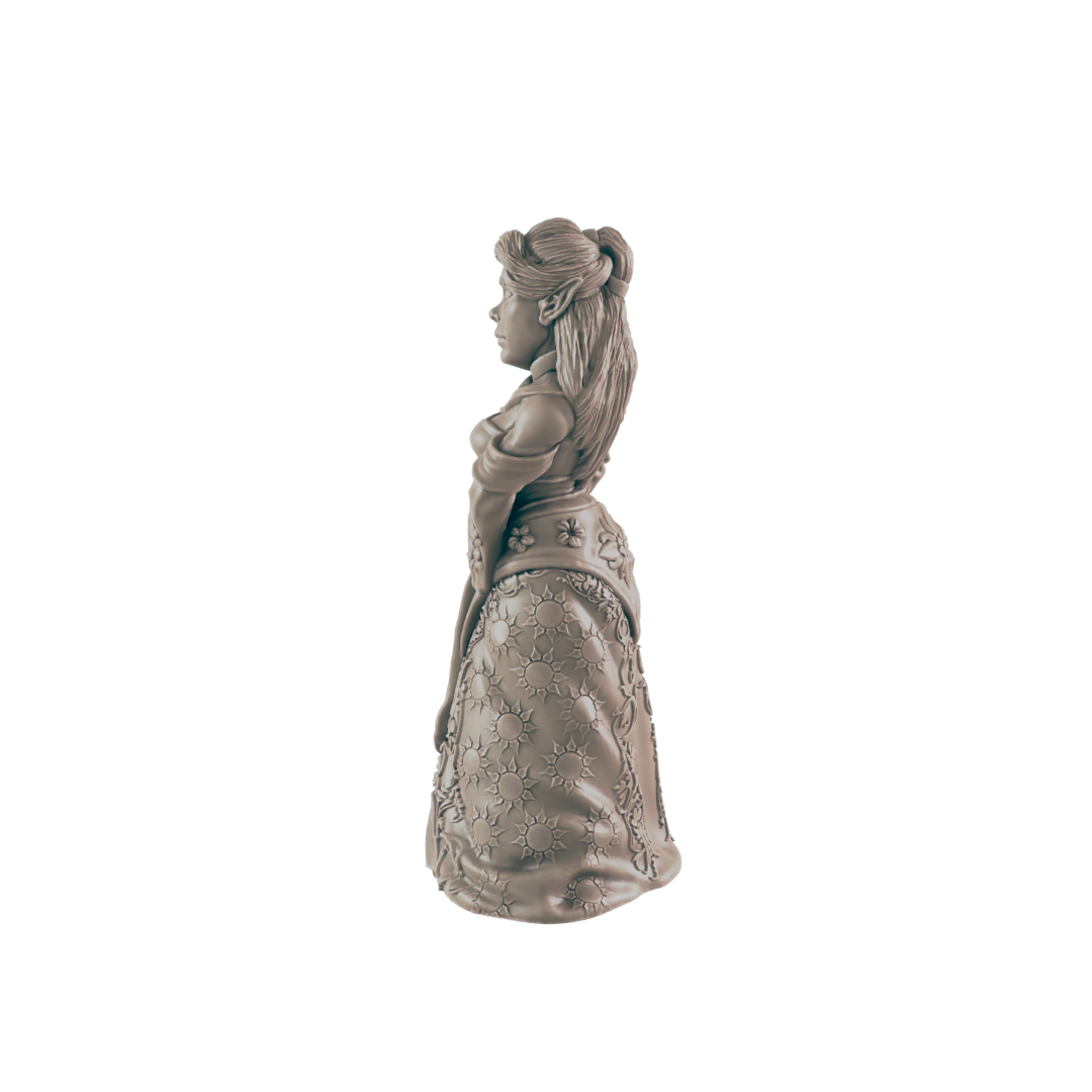 A sculpted figurine of an elf woman, stands in profile, wearing an ornate sun-patterned gown, against a dark background.