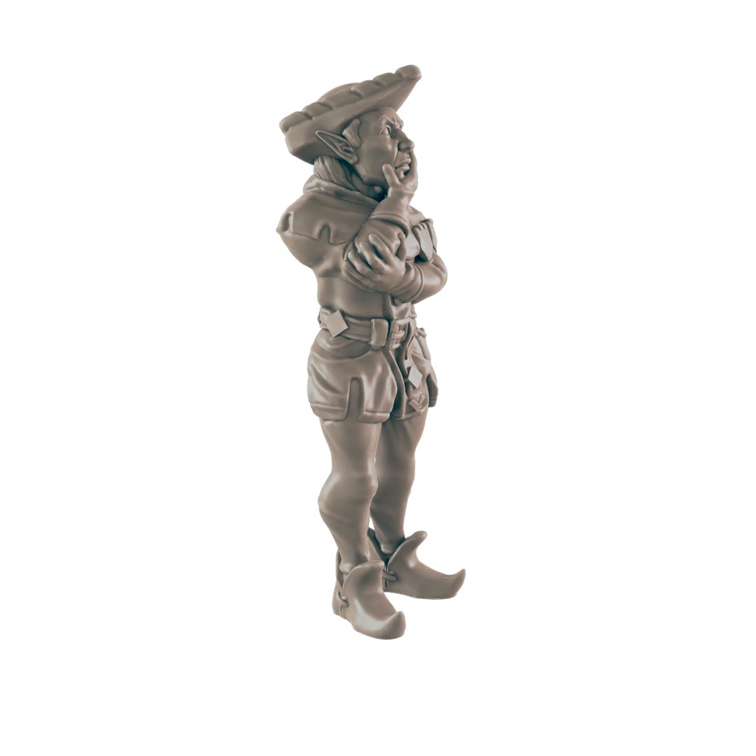 A small, grey figurine of a gnome, appearing pensive with hand to chin, stands against a black background.