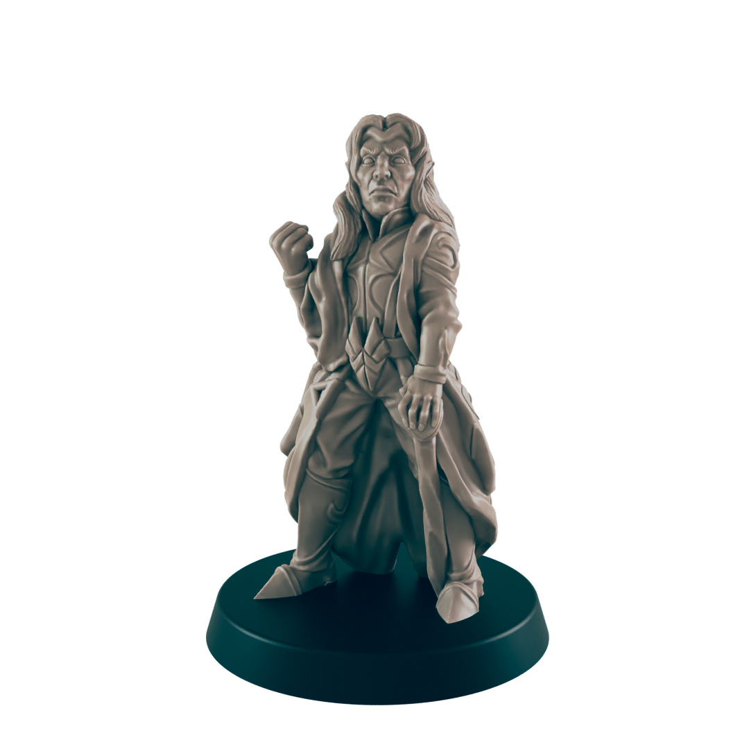 An elf figure stands holding a small round object with a cape and long hair, set against a black background on a small base.