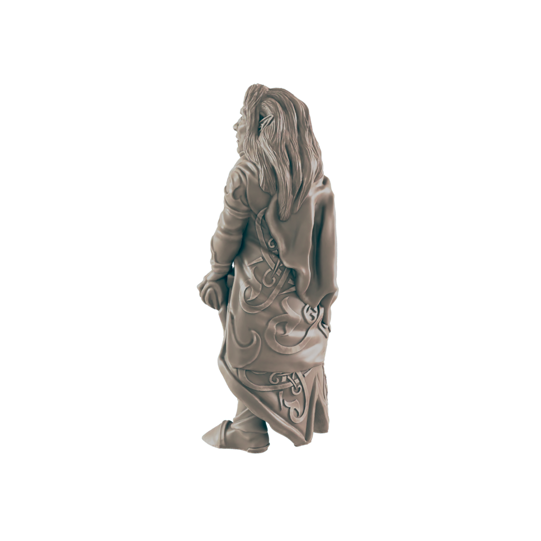 A figure stands in a black void. It wears flowing robes, with detailed swirls upon the front and back. Long hair hangs down to its shoulders.