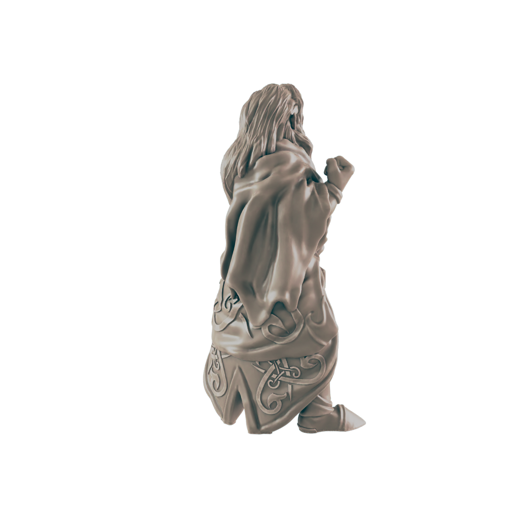 A miniature figurine of a long-haired figure, possibly a dwarf, stands in a fighting pose against a dark background.