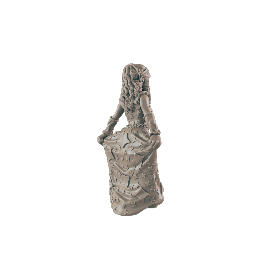 A statue of a woman in a long dress, covered with four-pointed stars, holds the edges of her dress. The figure is positioned from the back.