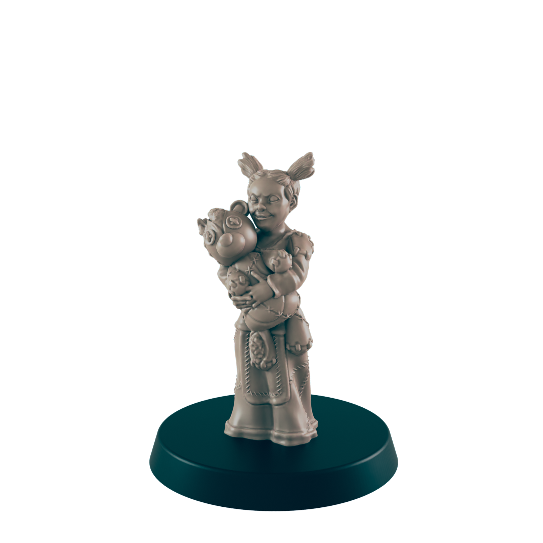 A sculpted girl lovingly holds a stuffed animal; she stands on a dark circular base, against a plain background.