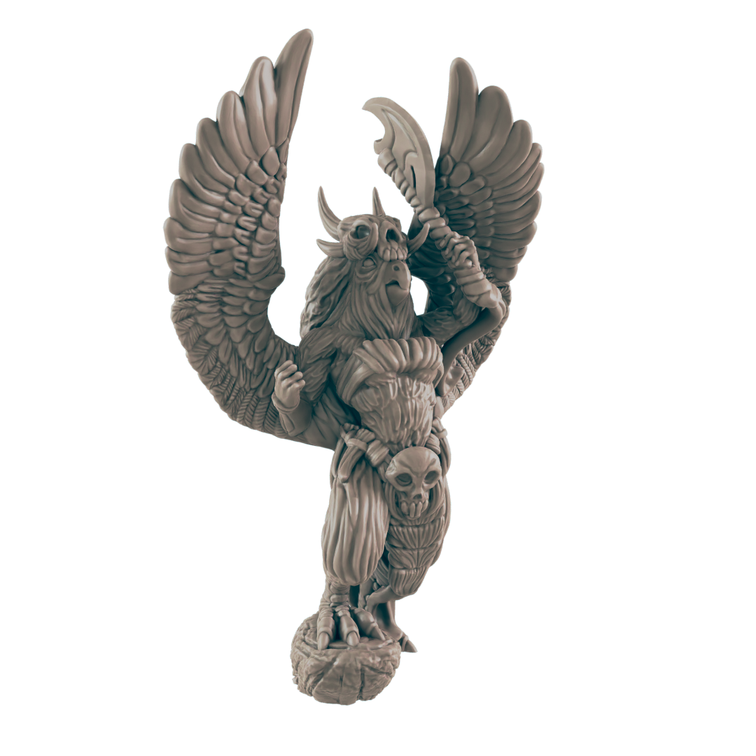 A winged, grey humanoid figure with a skull on its head holds a bladed weapon overhead. It stands atop a rocky base in a dark environment.