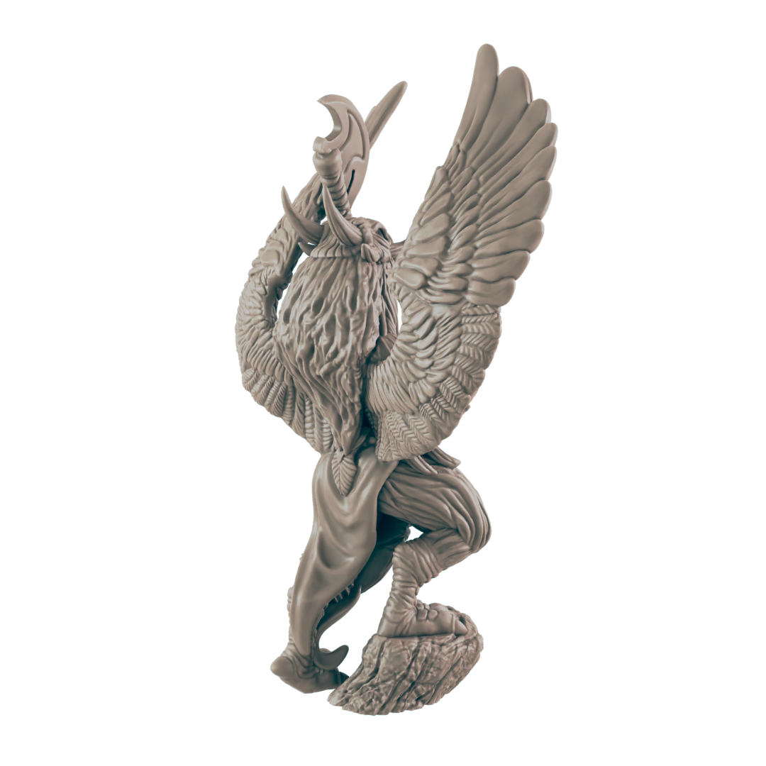 A winged, horned figure stands on rocky ground, the wings spread wide. He appears to be holding a crescent-shaped blade over his head against a dark navy background.