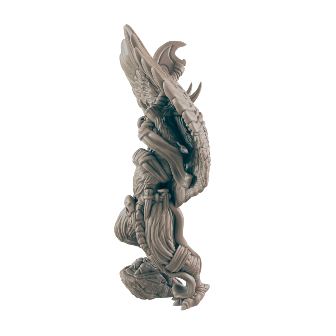 The grey-toned statue of a dragon-like creature with wings and horns stands vertically, wrapped in rope with fleshy material filling in the gaps against a dark blue background.