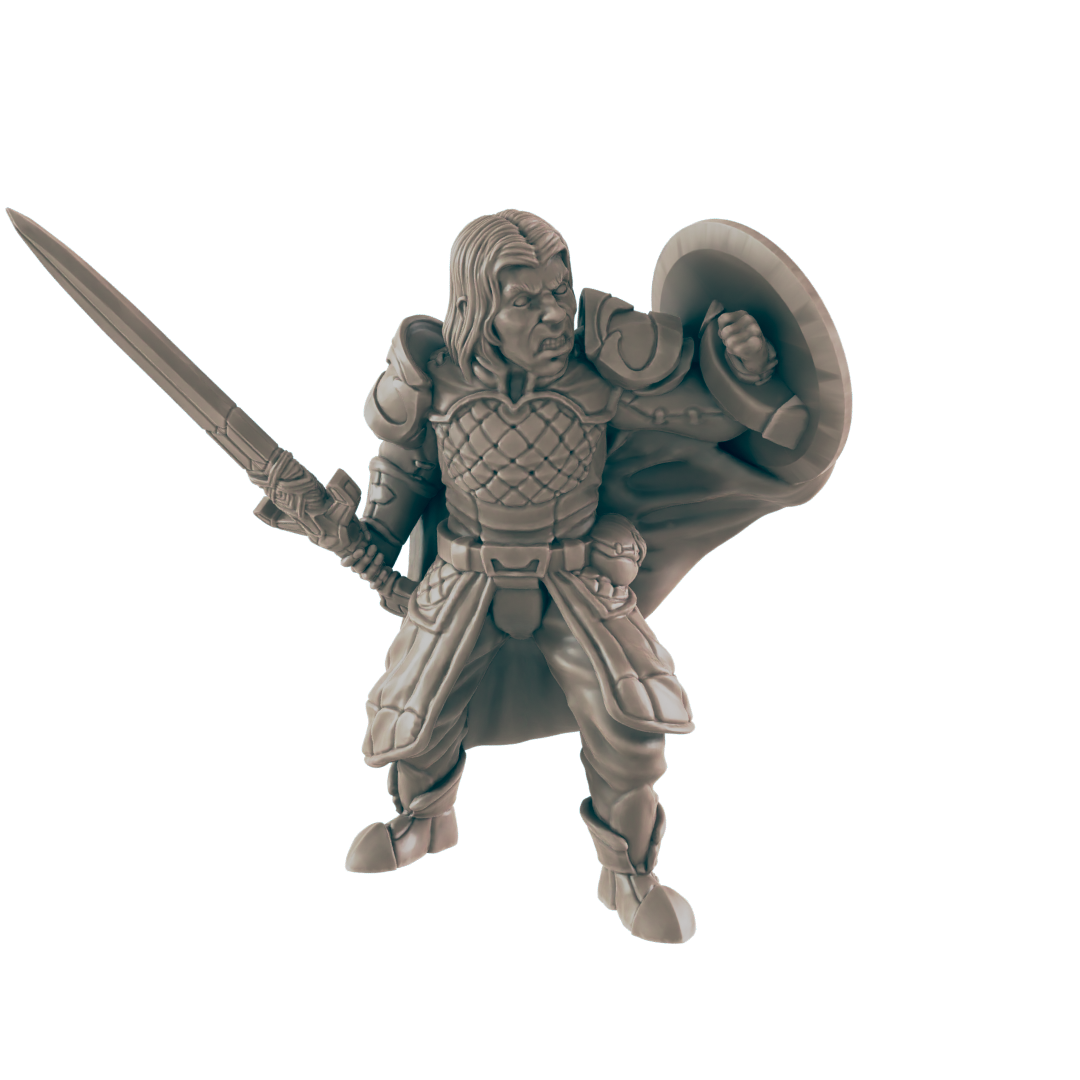 A monochrome, gray miniature warrior stands ready for battle, brandishing a sword in one hand and holding a shield in the other, against a black backdrop.