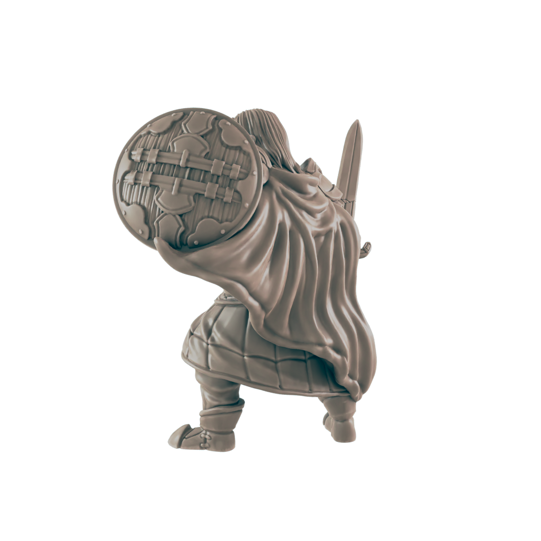 A miniature figure is crouched, holding a large round shield, with a sword visible behind the cape in a black surrounding.