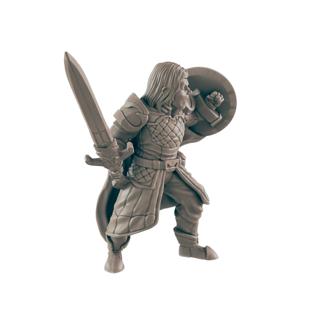 A miniature warrior, wielding a sword and shield, stands in a battle-ready stance.