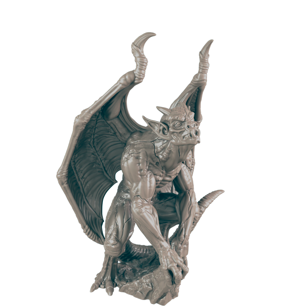 A gray gargoyle crouches on a rocky base. It has large wings spread, long horns, sharp teeth, and claws.