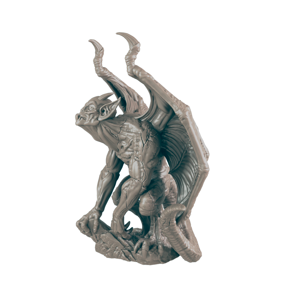 A gargoyle with long, curved horns perches atop a rocky base, its leathery wings folded behind it. The figure is grey and textured, appearing to be carved from stone.