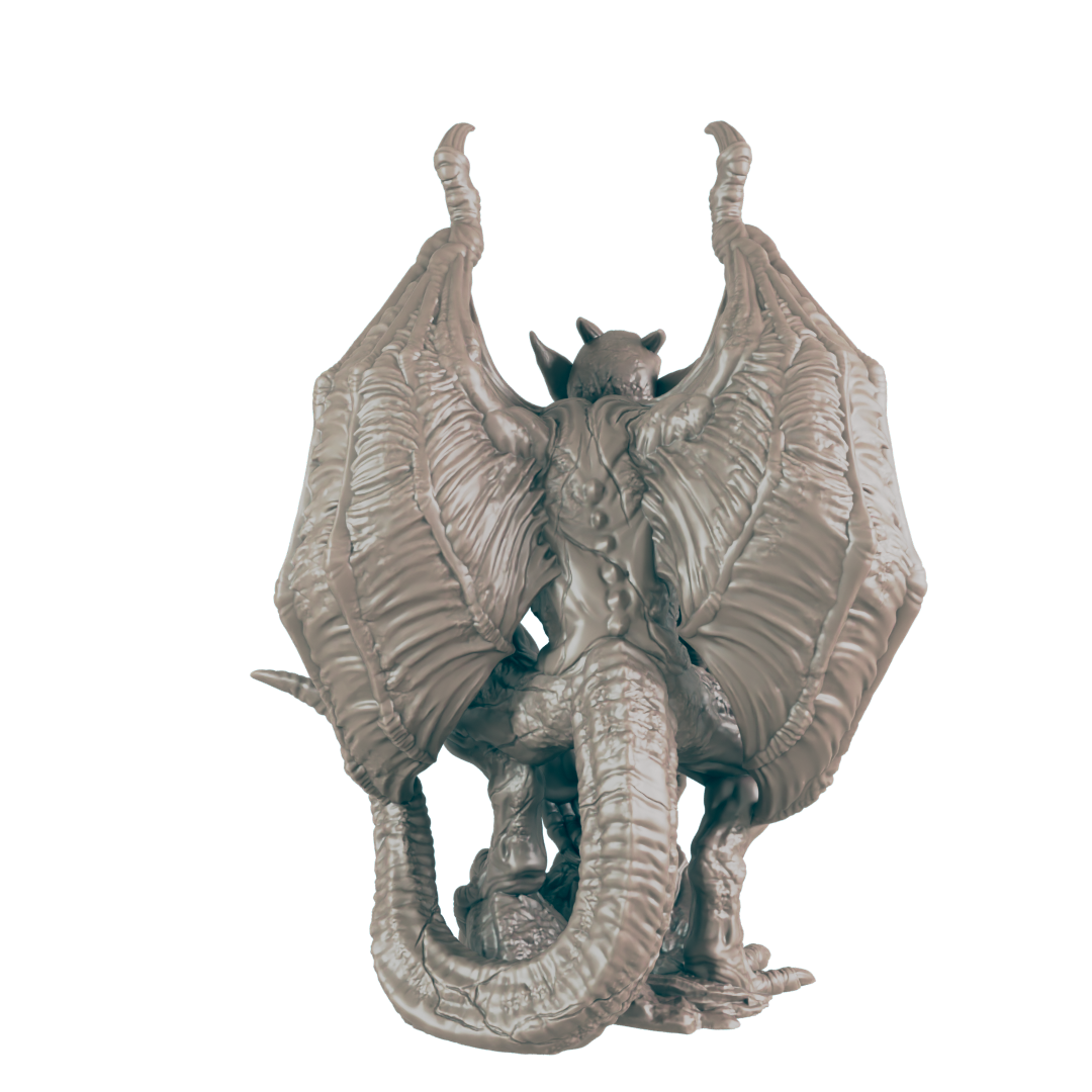 A gray, winged creature, possibly a dragon or griffin, is depicted from behind; its wings are raised, and its body is curled. The figurine appears to be made of sculpted material.