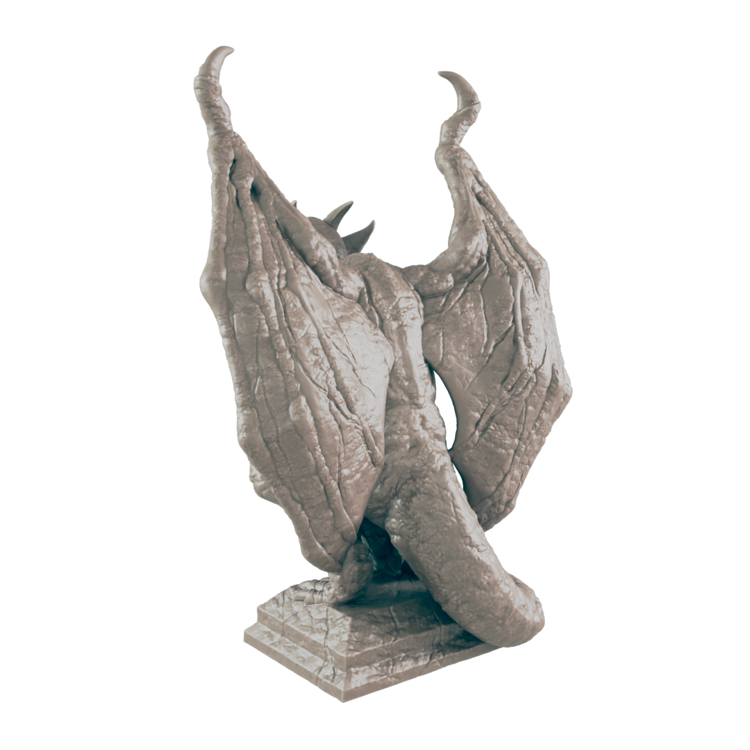 A stone gargoyle statue, perched on a small base, displays large, textured wings in a raised position against a black background.