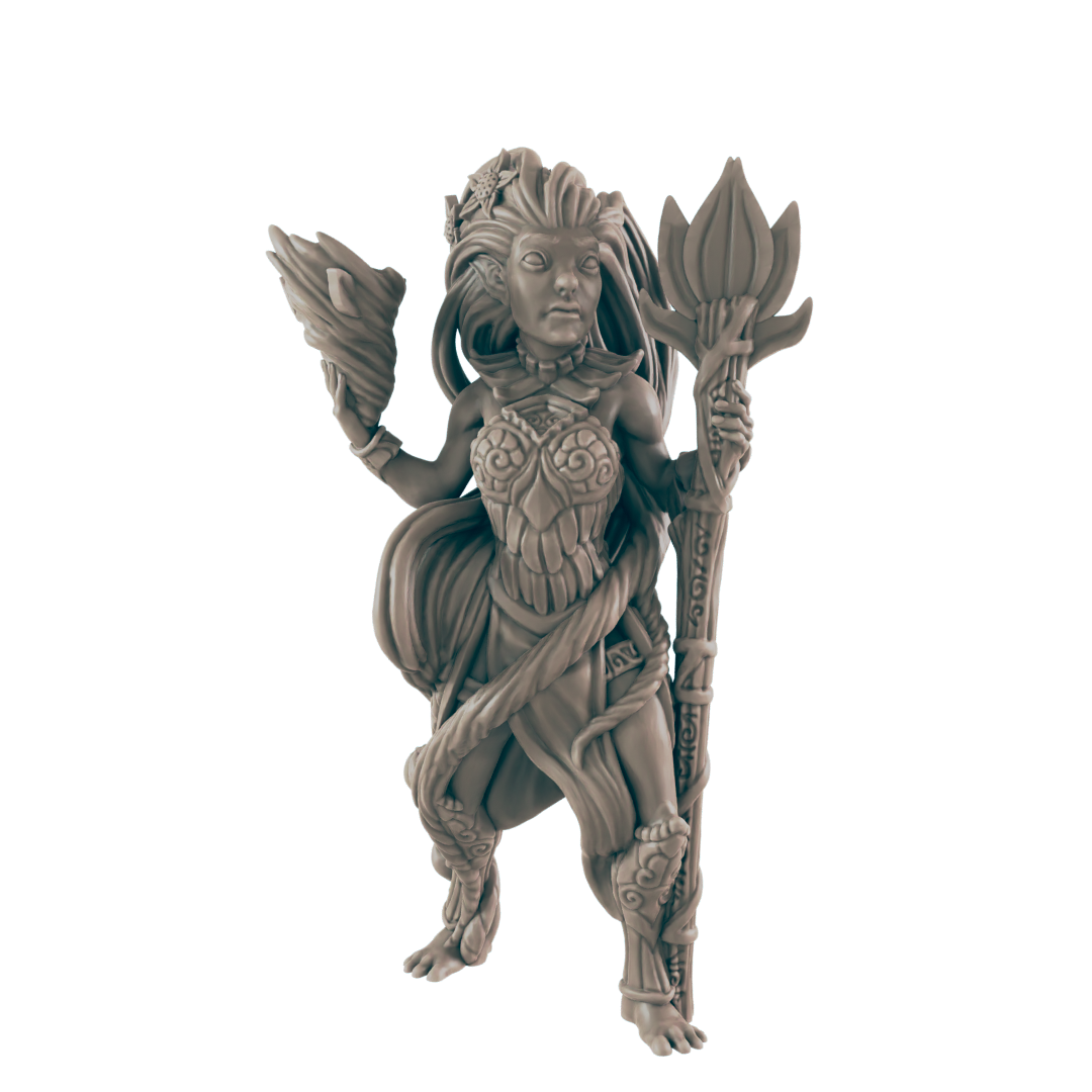 A nature spirit stands, holding a lotus-topped staff in her right hand and a fanlike object in her left, vines circling her body. The background is black.