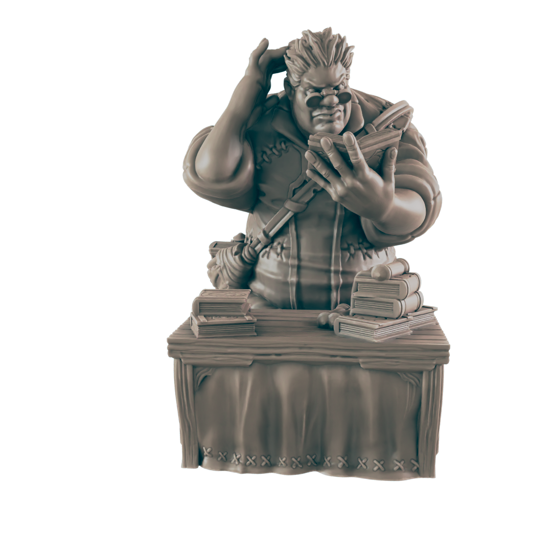 A sculpted figure of a stout, bespectacled man, seated behind a table, studies a book while scratching his head. Books and other items are on the table. The setting appears to be a study or workshop.