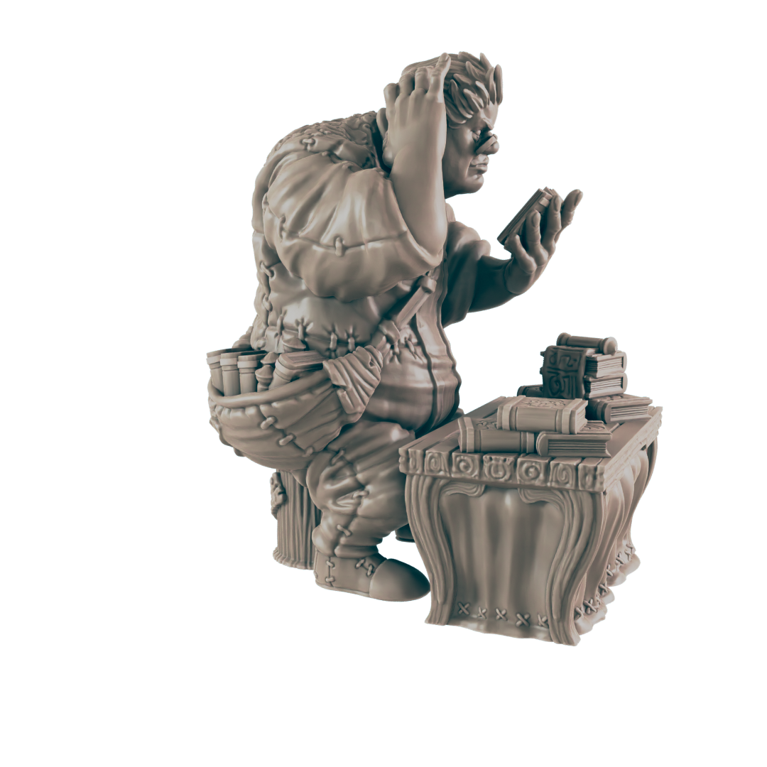 A stout, sculpted gnome figure sits at a small table, examining an item in his hand, within a dark setting.
