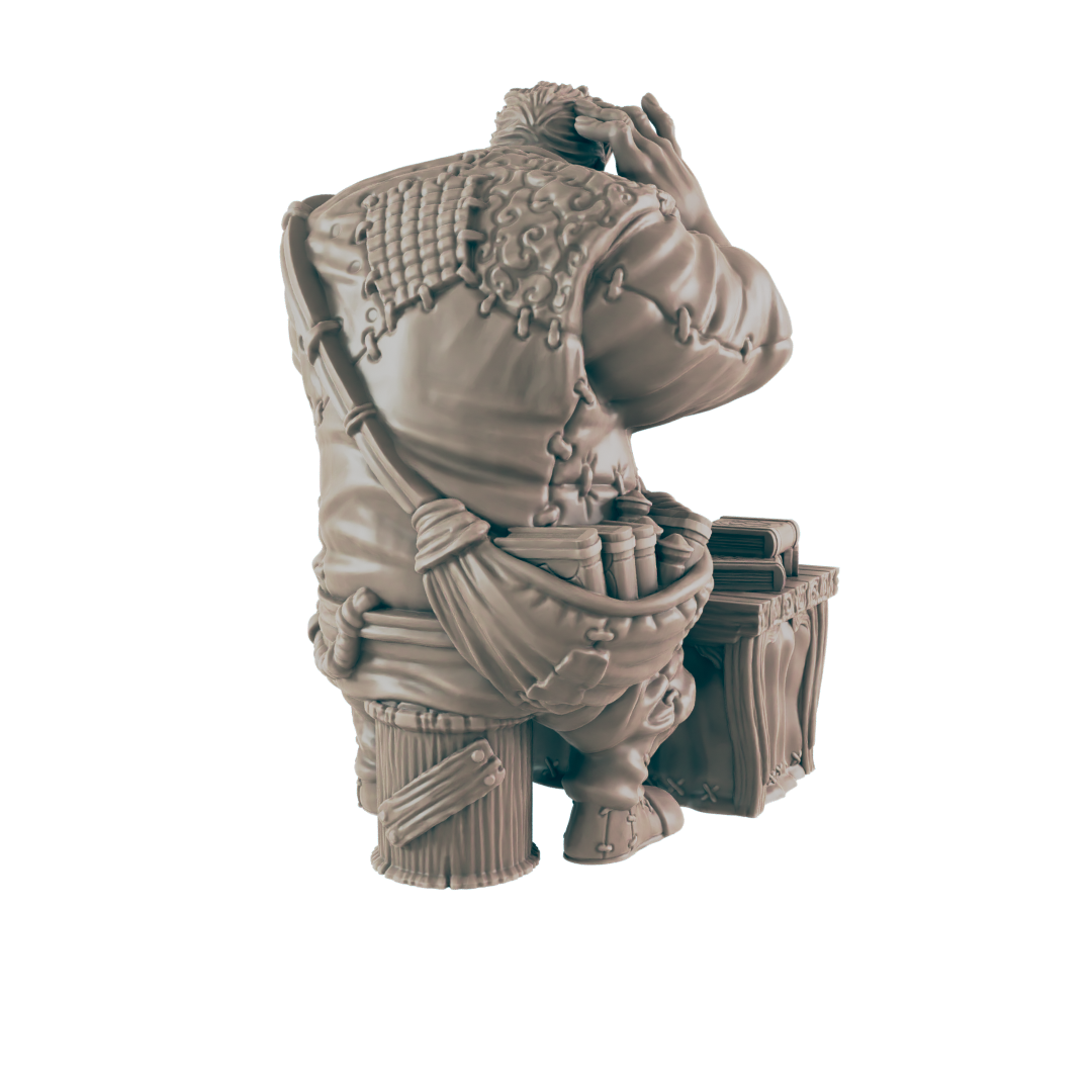 A stout, robed figure sits at a small desk, seemingly pondering, a satchel of scrolls at its side.