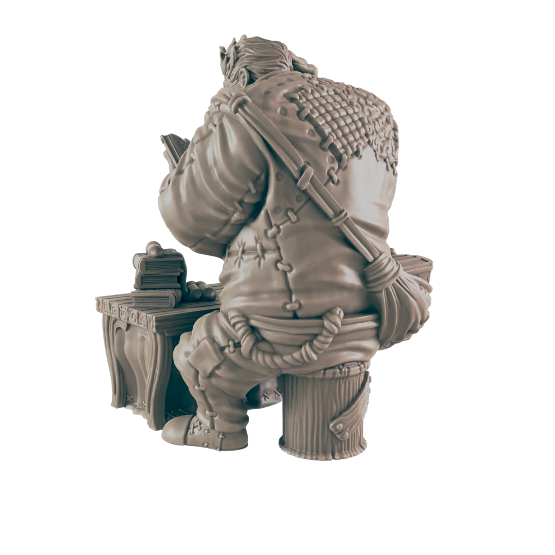 A stout, robed figure sits at a small desk, reading a book. A satchel hangs from his back. The scene is sculpted in muted tones.