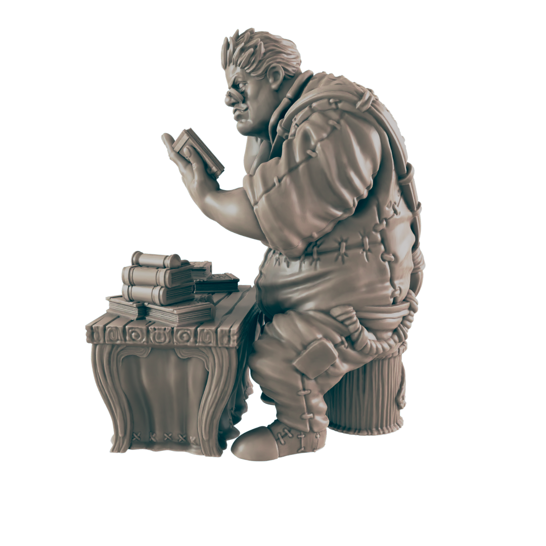 A stout figure, seated at a small desk, is studying a book. Books and papers are piled on the desk. The setting appears to be a study or office.