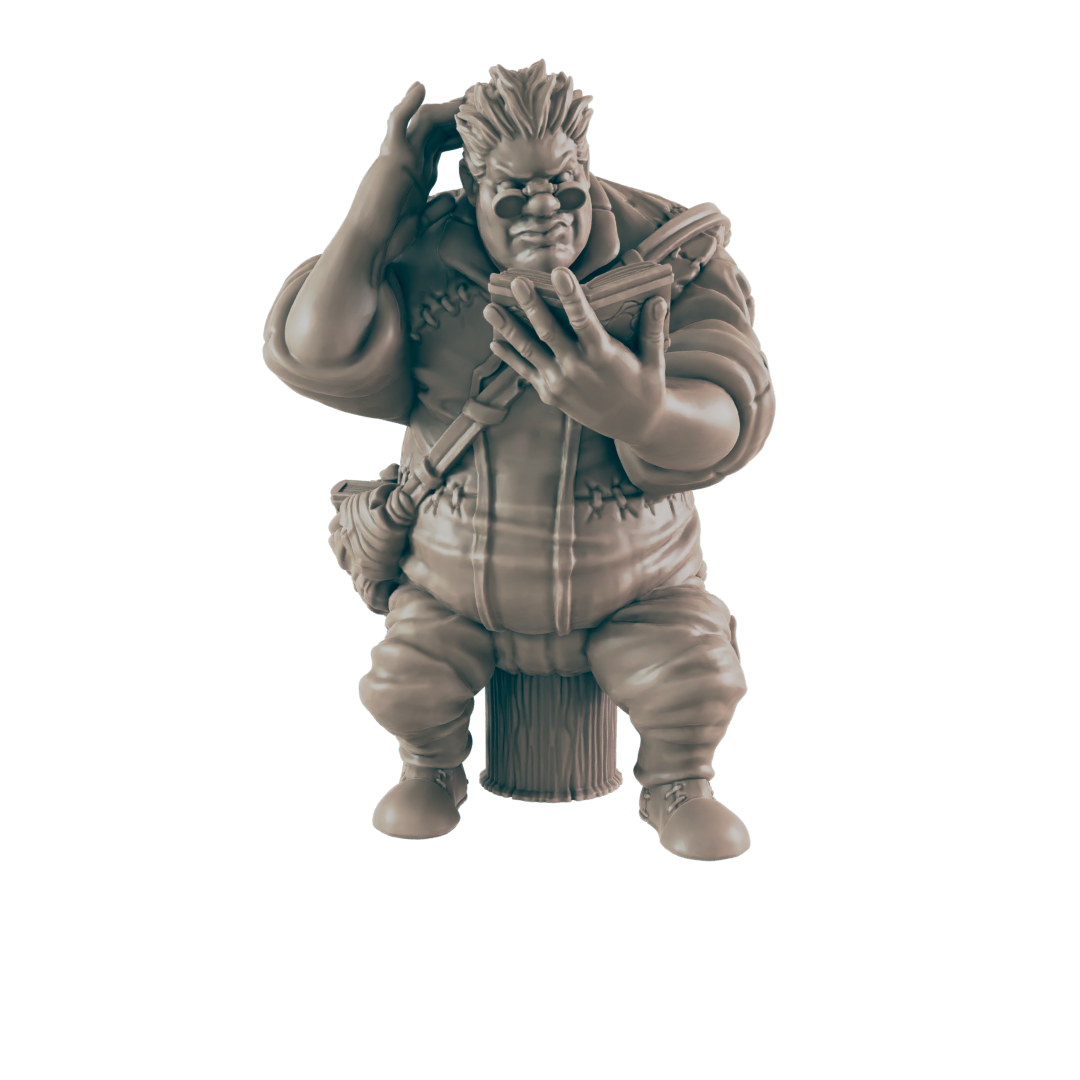 A stout, spectacled figurine sits on a stump, appearing thoughtful while reading a book and scratching its head.