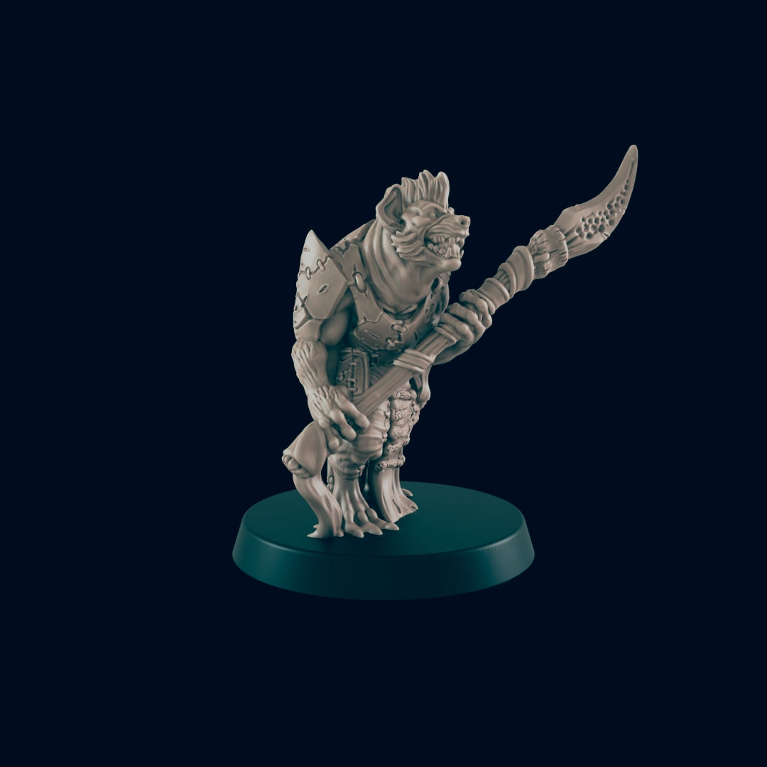 Hyena-person figure stands on a green base, clutching a twisted-handle weapon with a crescent blade. It wears bits of armor on its shoulder and chest against a dark background.