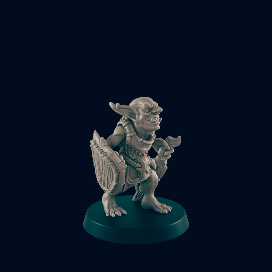 A goblin miniature stands on a base, wielding a shield and dagger. The goblin looks menacing and is set against a dark background.
