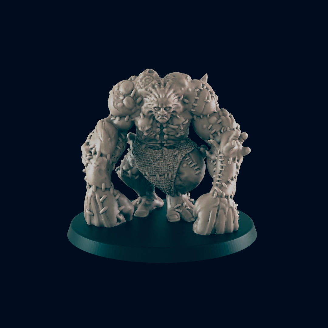 The grotesque, putty-colored ogre squats on a round base. This patchwork-like figure has huge, stitched-together limbs and a woven loincloth, set against a dark background.