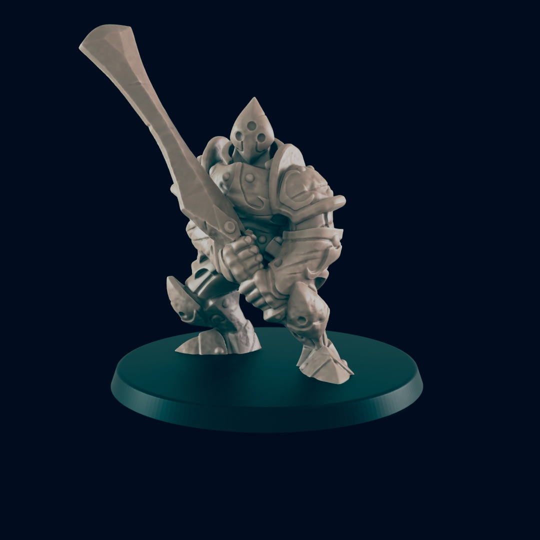 An armored figurine holds a large sword with both hands. The figurine stands on a small, flat, circular, dark green base against a dark background.
