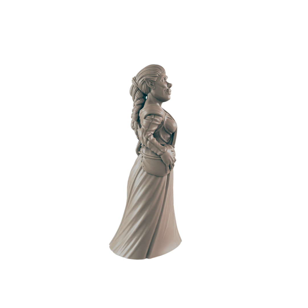 A female figurine, standing in profile, wears a long dress and appears to be smiling against a dark background.