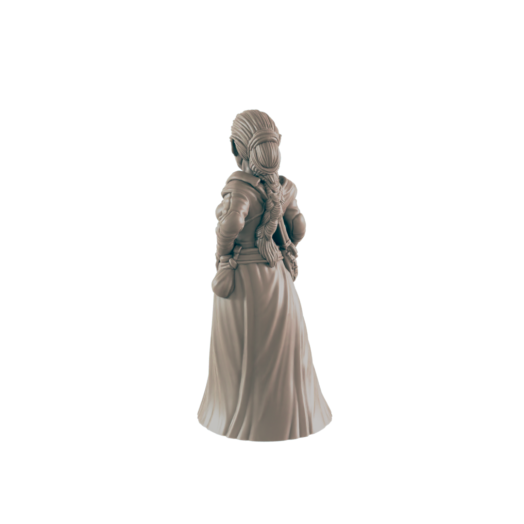 A miniature female figure, standing with her back to the viewer, is presented against a dark background. She wears a long dress and has her hair in a braid.