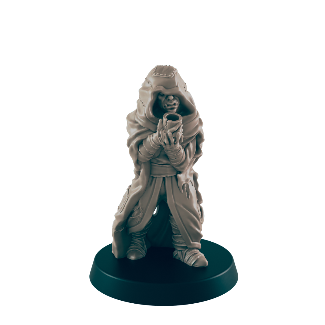 A miniature orc figure, cloaked and hooded, holds a small cup; it stands on a circular base against a dark background.