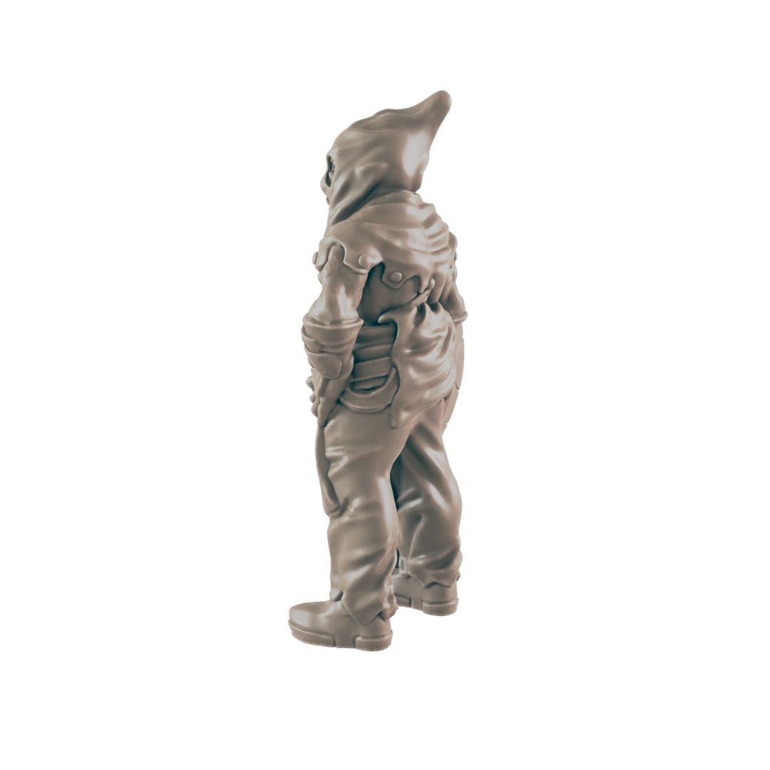 A miniature figurine of a hooded figure stands against a dark background. The figure is sculpted in a three-quarter view, appearing to be a character from a game or fantasy setting.