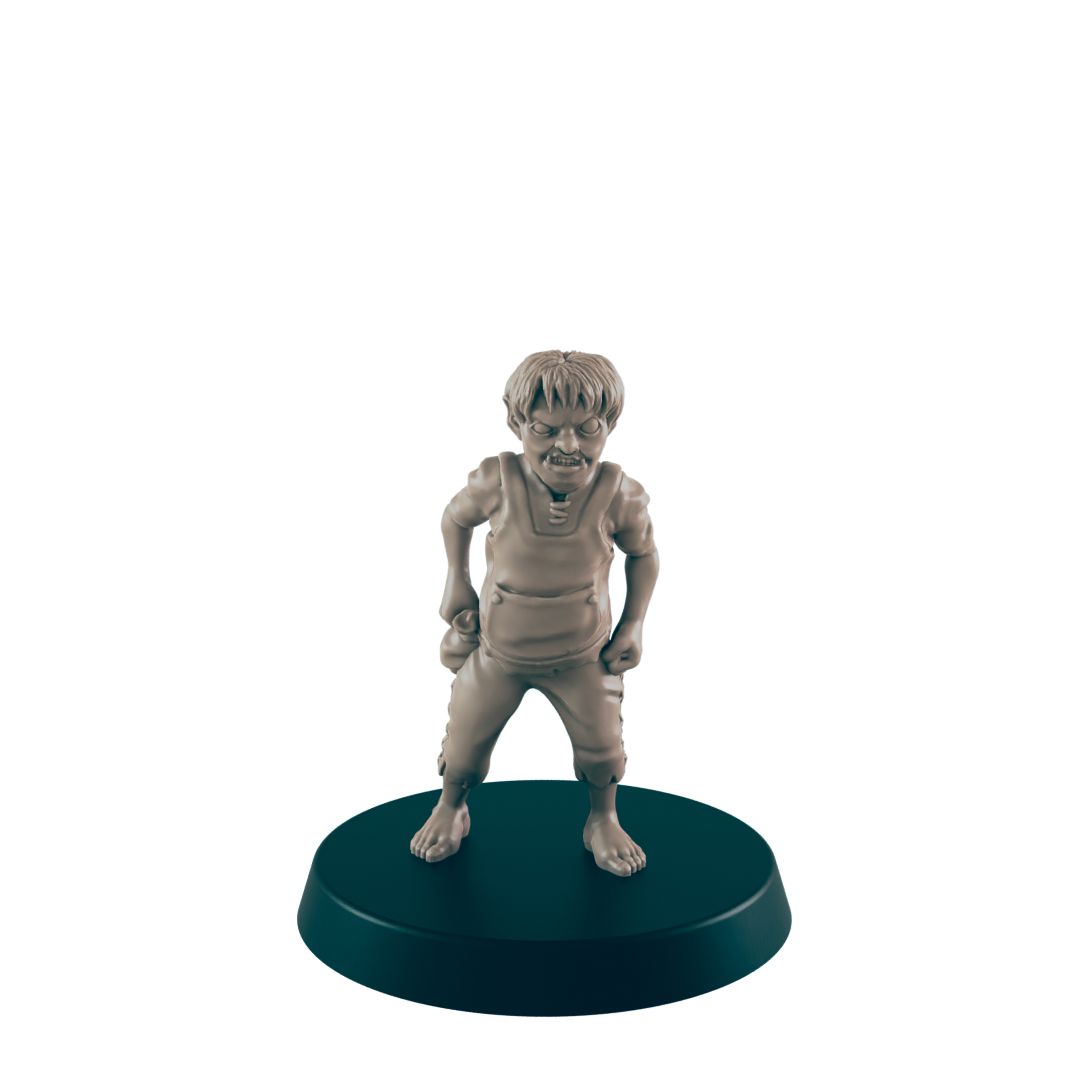 A figurine of a barefoot man wearing simple clothes stands on a round base. He is scowling and clenching his fists in an aggressive stance. The background is black.