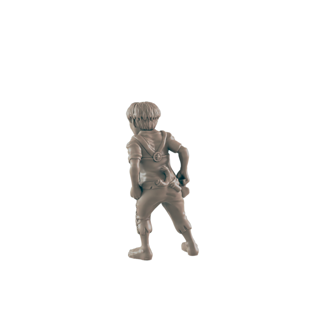 A clay-colored figurine of a boy with short, shaggy hair stands, facing away. He's wearing a t-shirt, cropped pants, and a small satchel over his back, set against a solid black background.