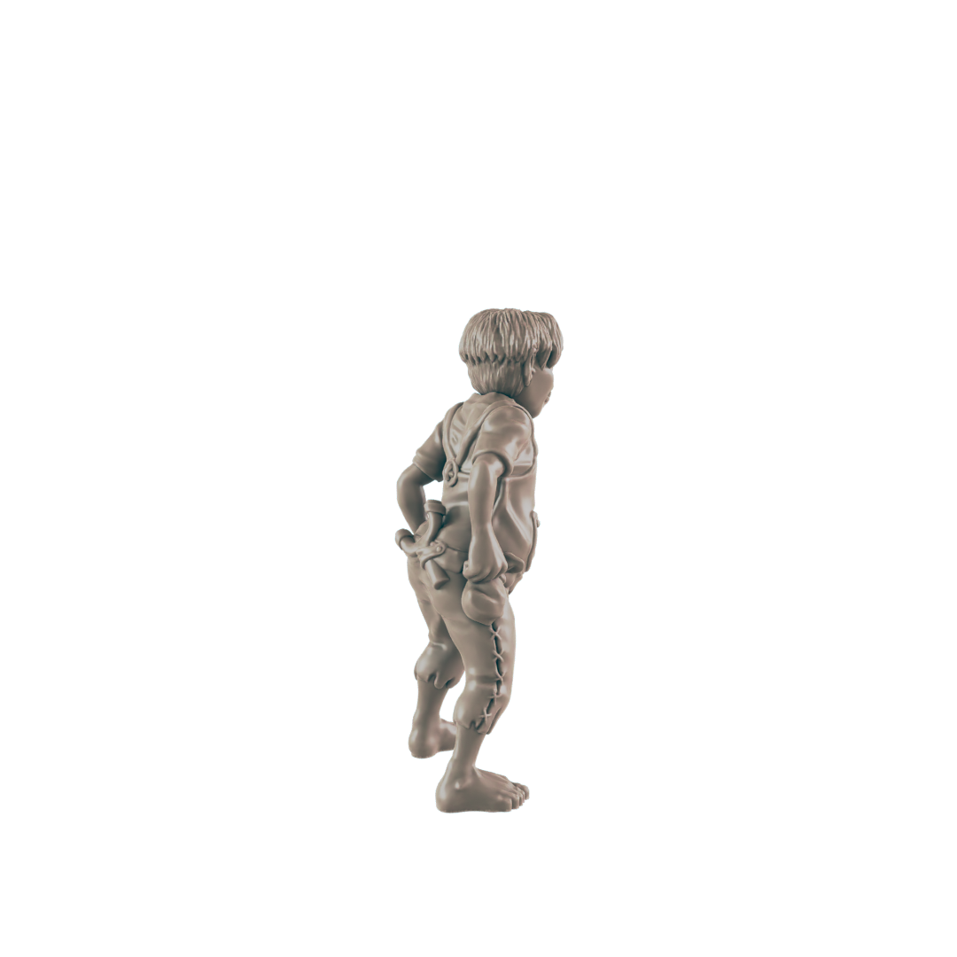 A small boy figurine stands, appearing to adjust his trousers, against a black background.