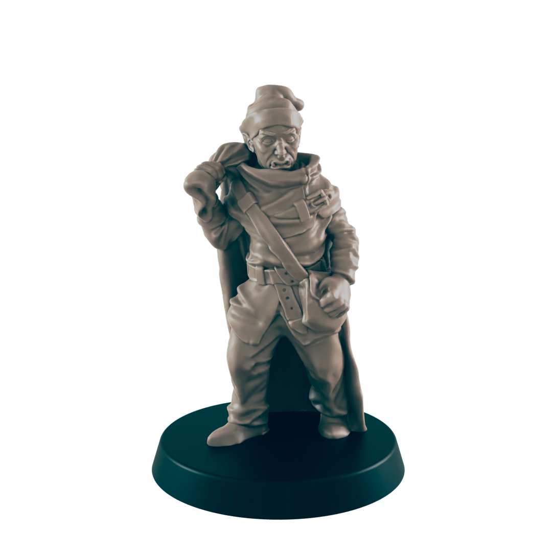 A miniature figurine of a gnome, carrying a sack, stands on a dark circular base against a black background.