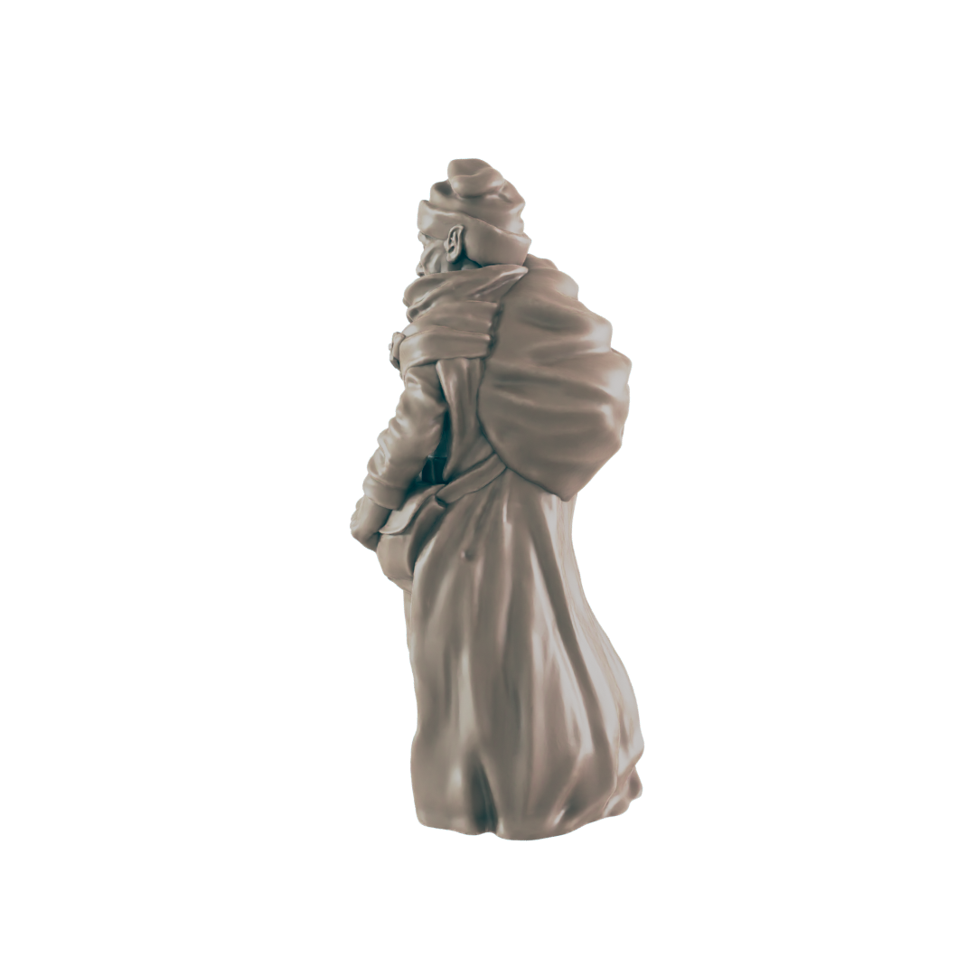 A miniature figurine of a person, appearing to stand and possibly carry a bag, is shown against a dark background.