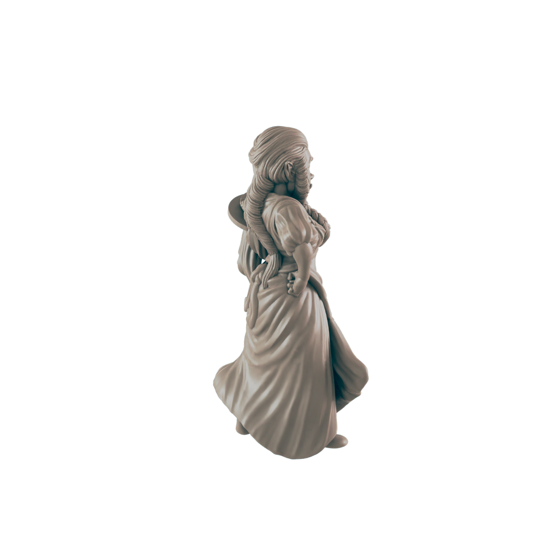 A monochromatic figurine stands in profile, wearing a long gown and a tied apron. The figure is set against a stark black background.