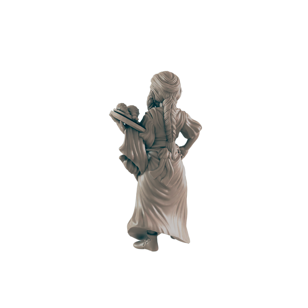 A miniature figurine of a woman carries a tray of food, viewed from behind against a dark background.