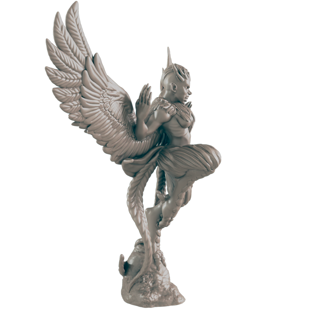 A winged humanoid creature, appearing to be in mid-leap, stands on a small rocky base against a dark background.