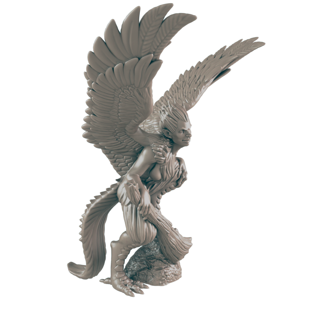 A harpy figurine stands on a rock, its wings outstretched, in a dark setting.