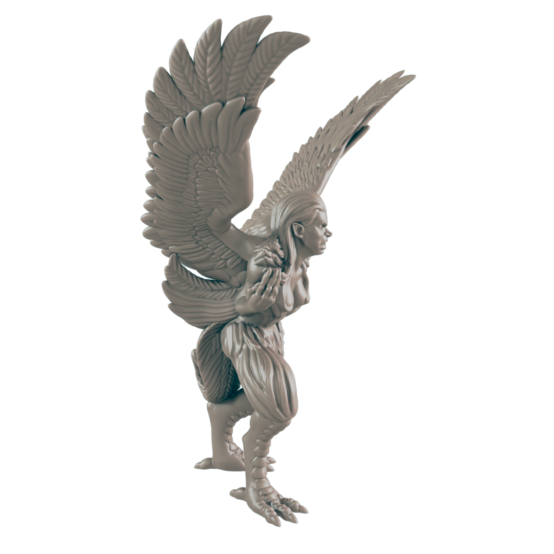 A harpy figurine stands, wings outstretched, in a three-quarter view against a black background.