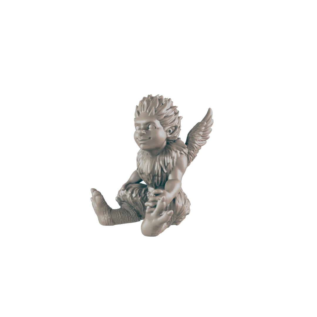 A small, winged creature sits with its feet tucked under, against a dark background.